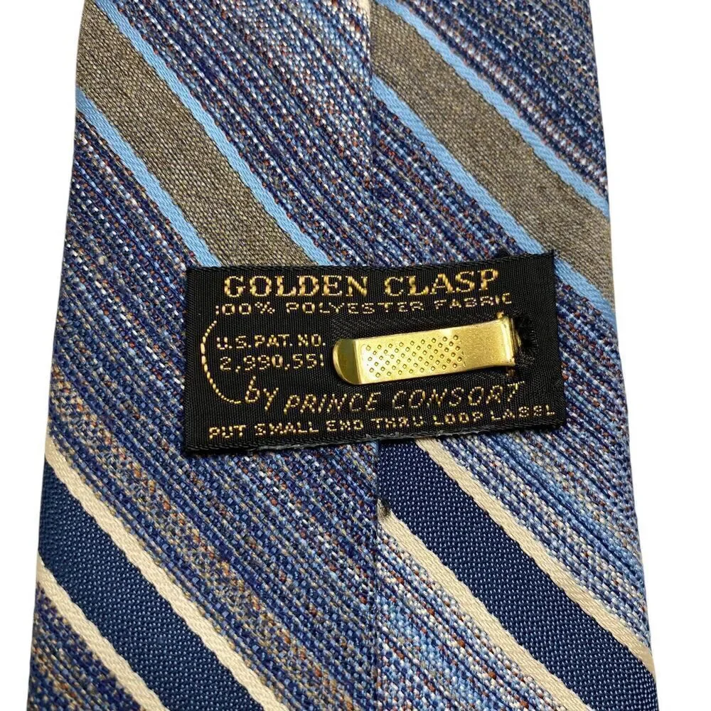 Vtg Prince Consort Gold Clasp Tie Necktie Polyester Blue Striped Classic Office